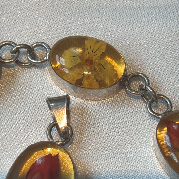 Vintage Sterling Silver 925 Preserved Dry Flowers In Lucite Link Bracelet - Picture 3 of 6